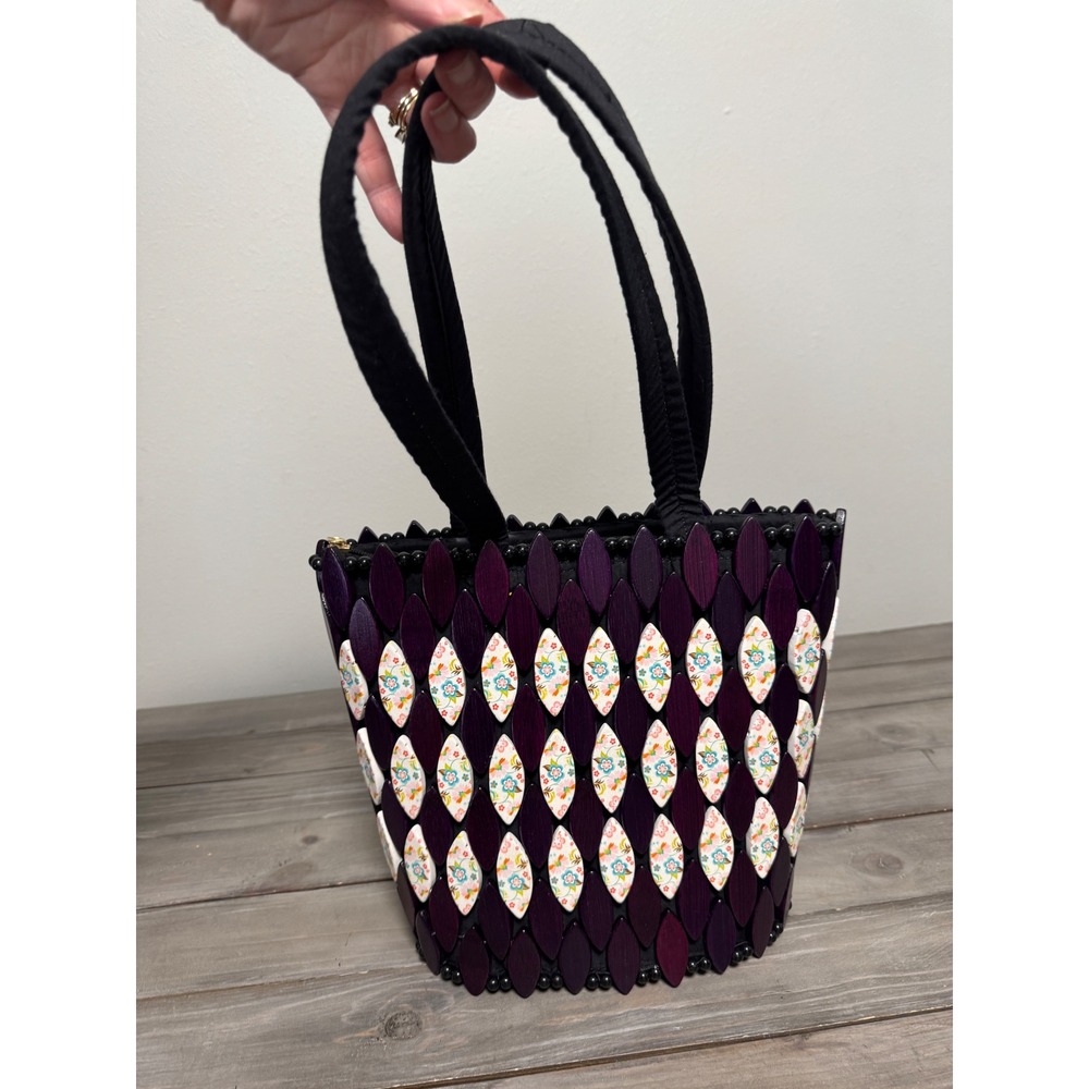 Handcrafted Purple Wood Petal Floral Beaded Tote Bag Boho Cottagecore Bag - Picture 2 of 13